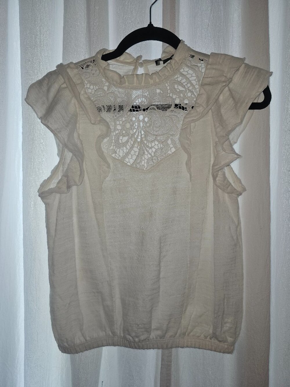 Express Lace Crochet Ruffle Flutter Sleeve Blouse Cream Boho Top Small